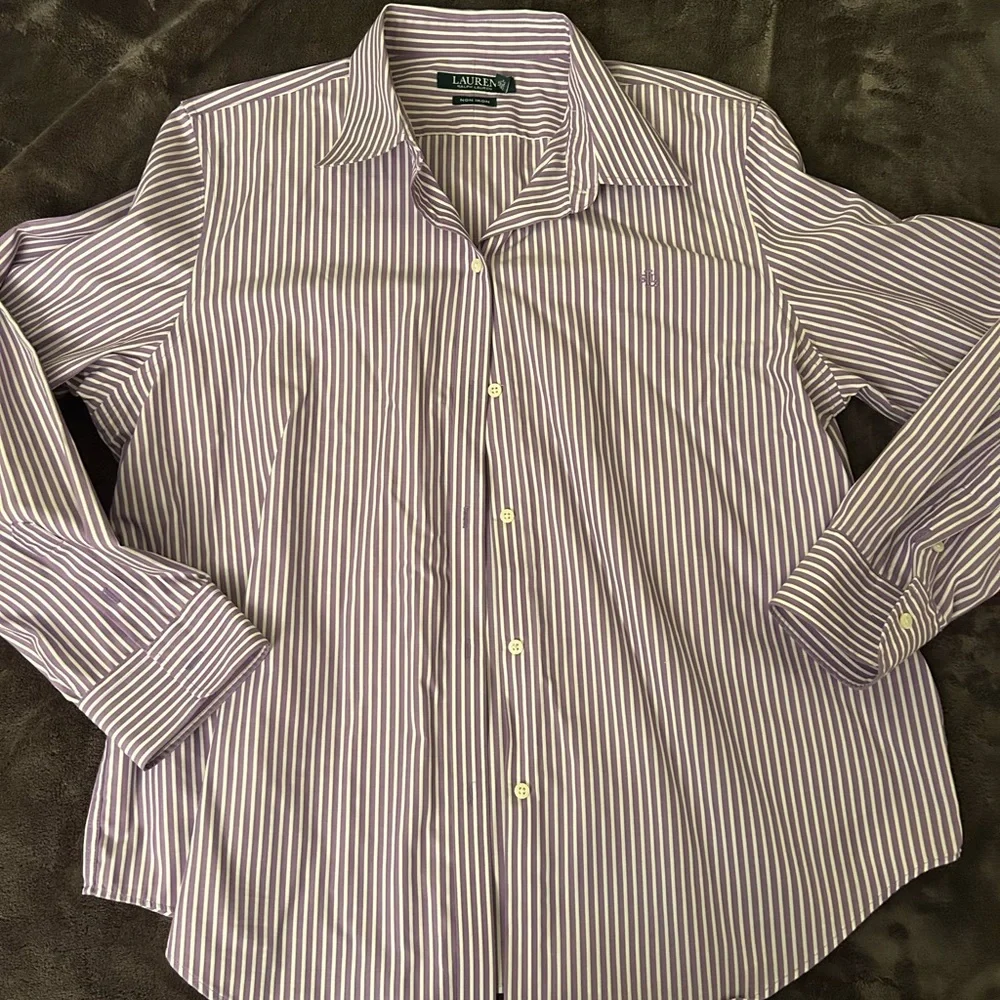 Ralph Lauren Women's Purple and White Striped Button-Down Shirt - Picture 2 of 5